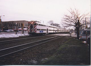 Eastbound Metra / BNSF Railway commuter train. La Grange Illinois. March 1998.