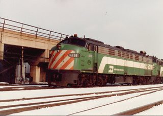 Burlington Northern commuter units. Chicago Illinois. January 1984.