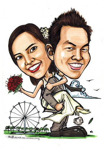 Couple wedding caricatures at Singapore Flyer