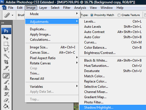How to access the Shadows and Highlights feature in Adobe Photoshop CS3