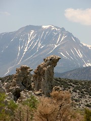 Desert, tufa, and snow-capped mountains