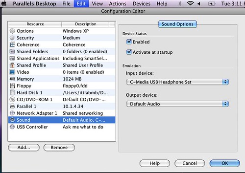 Setting USB input device in Parallels Virtual Machine Settings