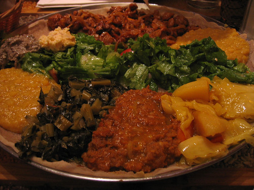 Ethiopian lentils, greens, vegetables and chicken tibs