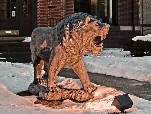 Saint Louis University, in Saint Louis, Missouri, USA - lion statue at dusk