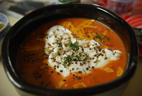 Tomato soup and poached eggs