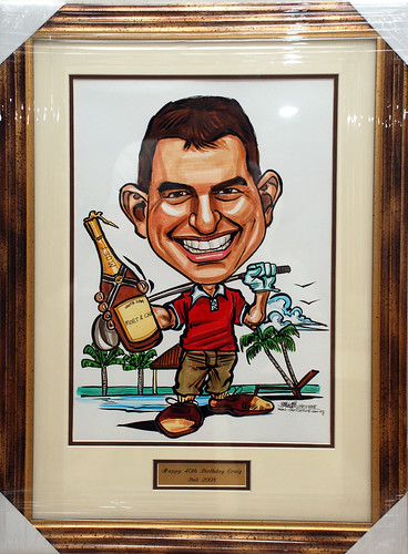 golfer caricature with chanpagne at Bali framed with inscription