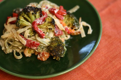 Linguine with Roasted Red Peppers, Roasted Broccoli, Garlic, and Ricotta