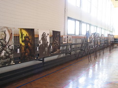 The wall of a big gym hall filled with fantasy paintings