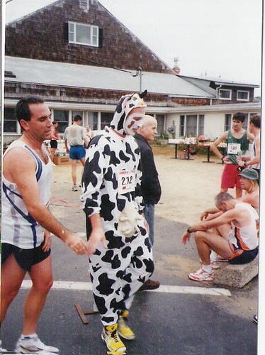 don hebert as Donna the Cow in 2003, Photo courtesy of Don Penta of the Maine Track Club