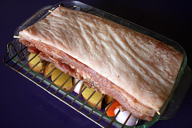 Pork belly marinated with salt, pepper and five-spice powder