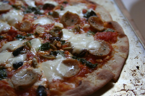 sausage, feta, mozz and olive pizza