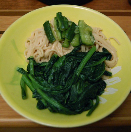 Dinner: Noodles and greens with peanut sauce