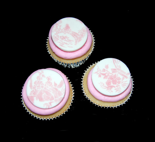 Pink French toile cupcakes top view
