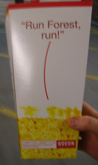 Popcorn container showing 'Run Forest, Run'