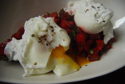 Poached eggs on hashbrowns with beets