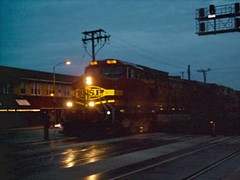 Eastbound BNSF Railway freight train entering Berwyn Illinois at twilight. March 2007.