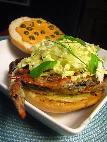 Soft-Shell Crab Sandwich with Red Pepper Aioli and Capers