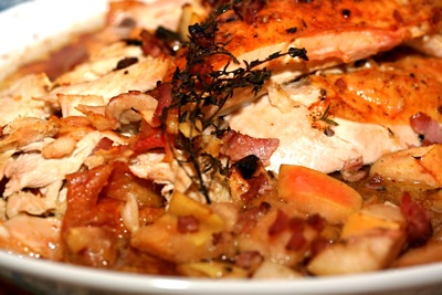 thyme roasted chicken with apples and bacon