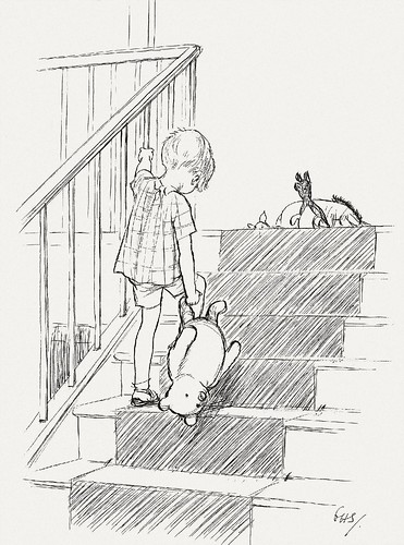 christopher robin drags pooh bear up stairs