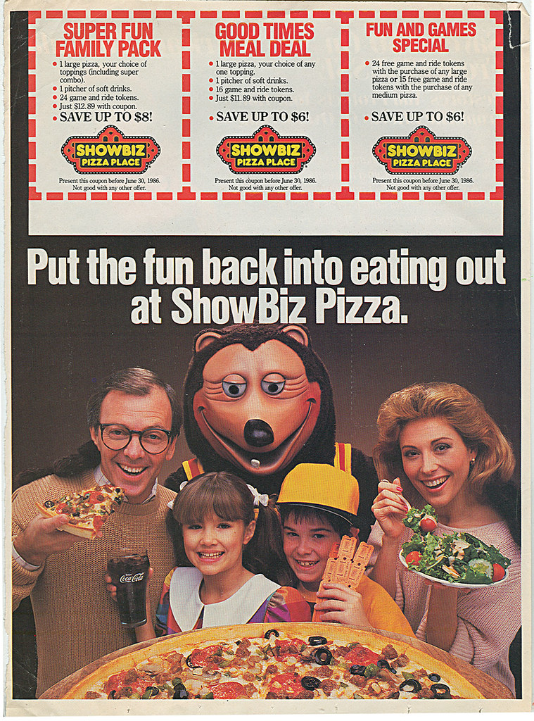 "Put the fun back into eating out at ShowBiz Pizza." Sunday Coupon Circular (( 1986 ))