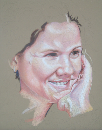 In progress photo of colored pencil drawing entitled Jan.