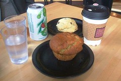Muffin, scone, coffee, soda