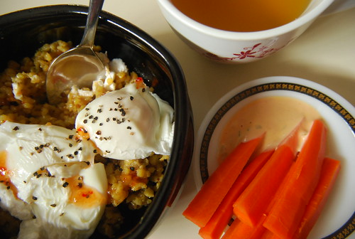 Rice, poached eggs, carrots and tea