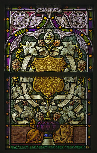 Saint George Roman Catholic Church, in New Baden, Illinois, USA - stained glass window - grapes and lion
