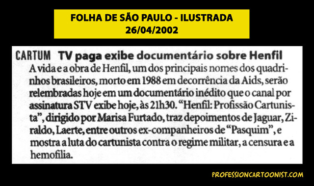 "TV paga exibe documentário sobre Henfil" - Folha de São Paulo - 26/04/2002