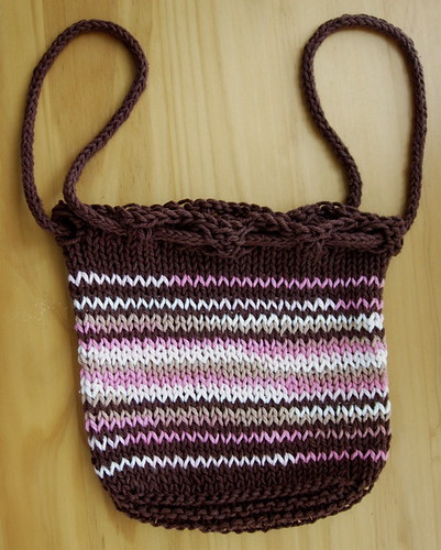 Brown and Pink Cotton Knit Purse -- Short Handles