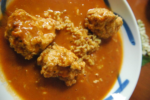 Chicken meatballs with saffron garlic rice and slurry