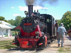 Meter guage 0-8-0 steam locomotive from East Germany prepares for departure. The Hesston steam Museum. Hesston Indiana USA. July 2007.