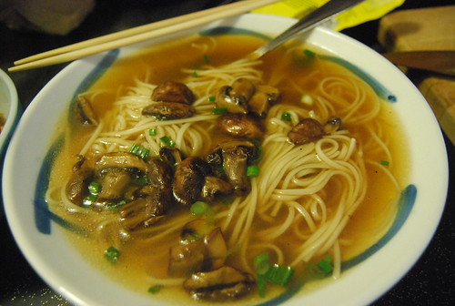 Noodles in mushroom broth with porcinis and scallions