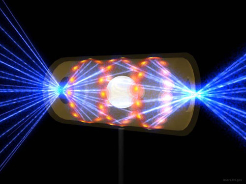 This artists rendering shows a NIF target pellet inside a hohlraum capsule with laser beams entering through openings on either end. The beams compress and heat the target to the necessary conditions for nuclear fusion to occur. Ignition experiments on NIF will be the culmination of more than 30 years of inertial confinement fusion research and development, opening the door to exploration of previously inaccessible physical regimes.