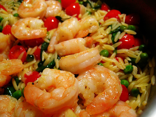 orzo with shrimp, peas, spinach, and grape tomatoes