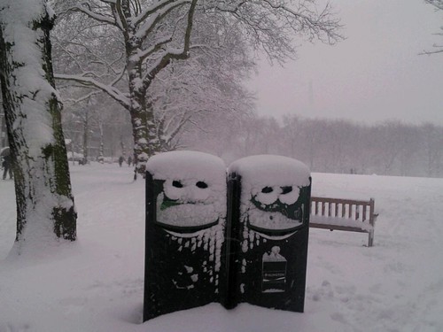 happy snowy recycling bins