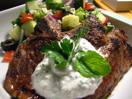 Grilled Lamb Shoulder Chop with a Yogurt Herb Sauce and Grilled Pita