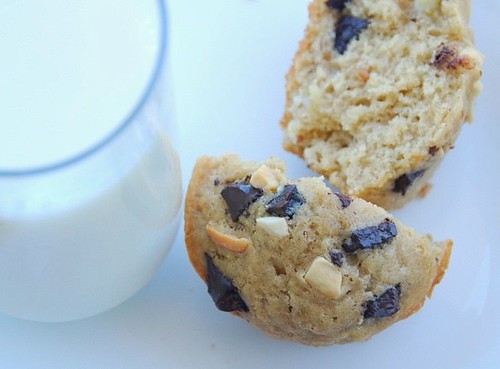 crunchy peanut butter, banana, and chocolate chunk muffins and milk