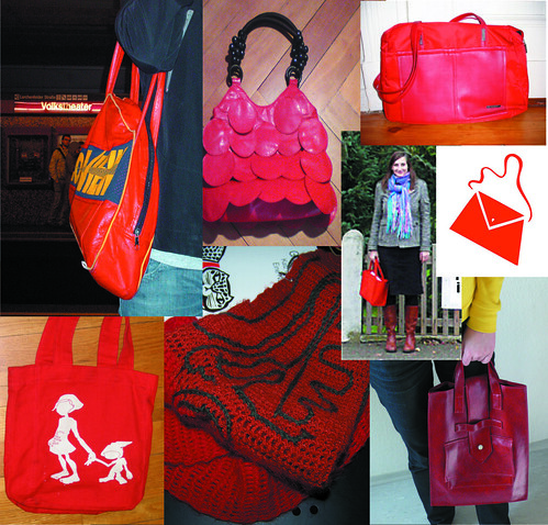 Eine Collage roter Taschen zum Equal Pay Day