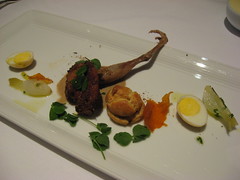 Charlie Trotter's: Four story hill farm quail with chorizo, spring onions and clover (close up)