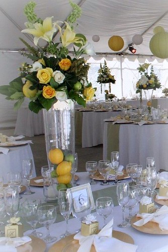 Tall wedding centerpiece yellow and white rose with lemon accents