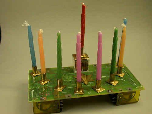 Recycled Computer Circuit Board GEEKERY Judaica Menorah with electronic relays and Brass metal stampings by DebbyAremDesigns.