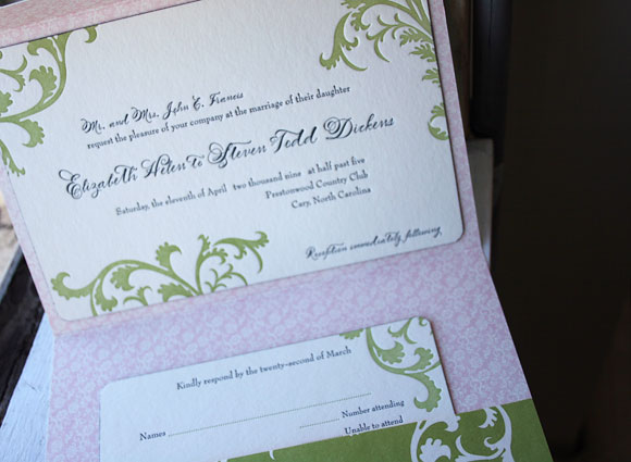 Letterpress wedding invitation pocketfold - pinks and greens - Smock