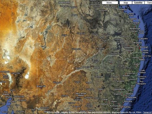This is a satellite image map of Northern NSW and Southern Queensland.