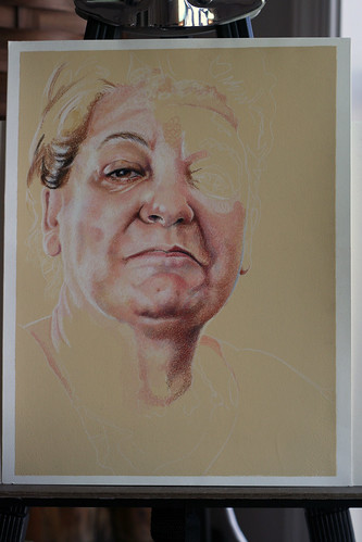 In progress photo of colored pencil drawing entitled Serra.