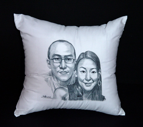 Couple portraits in pencil printed on cushion