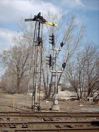 The old free standing steam era semaphore signals that used to operate at Brighton Junction. Chicago Illinois. April 2007.