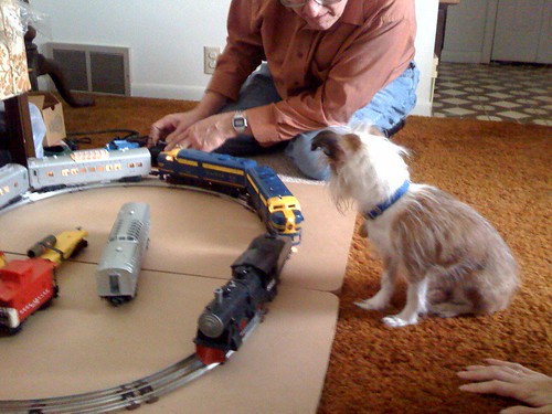 Spike helps Grandpa Doug with the trains