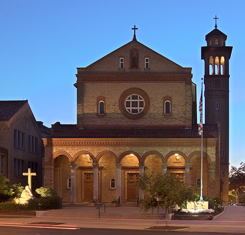 Our Lady of Sorrows Roman Catholic Church, in Saint Louis, Missouri, USA - front at dusk