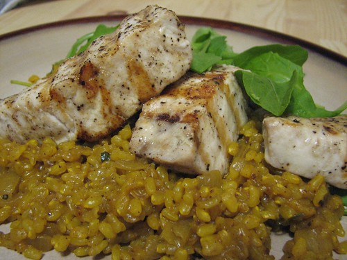 plated swordfish and lemon rice